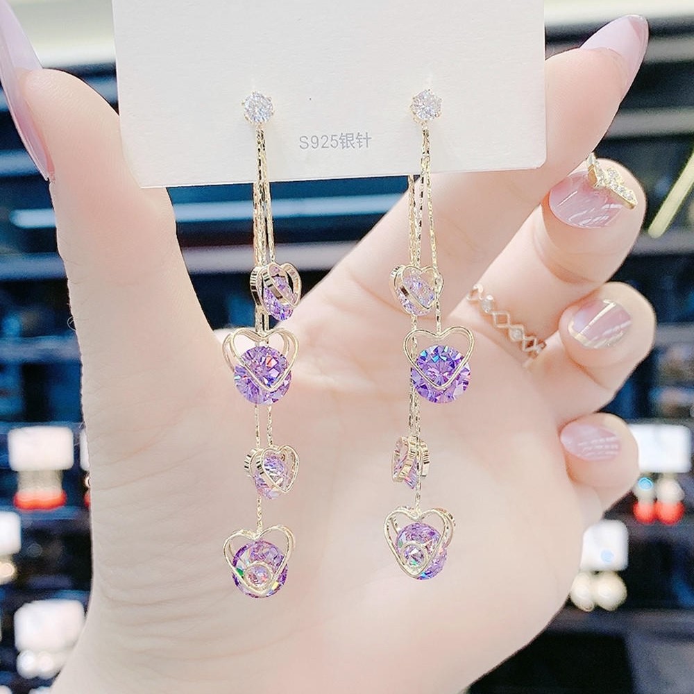 超仙時尚水晶愛心流蘇耳環