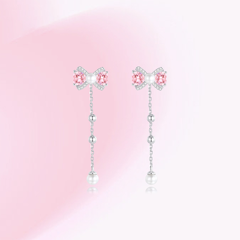【沫緹甄選】925純銀粉鑽少女珍珠蝴蝶結耳釘輕奢高級感耳飾