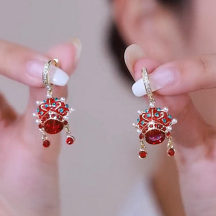 中國風紅色京劇臉譜耳環