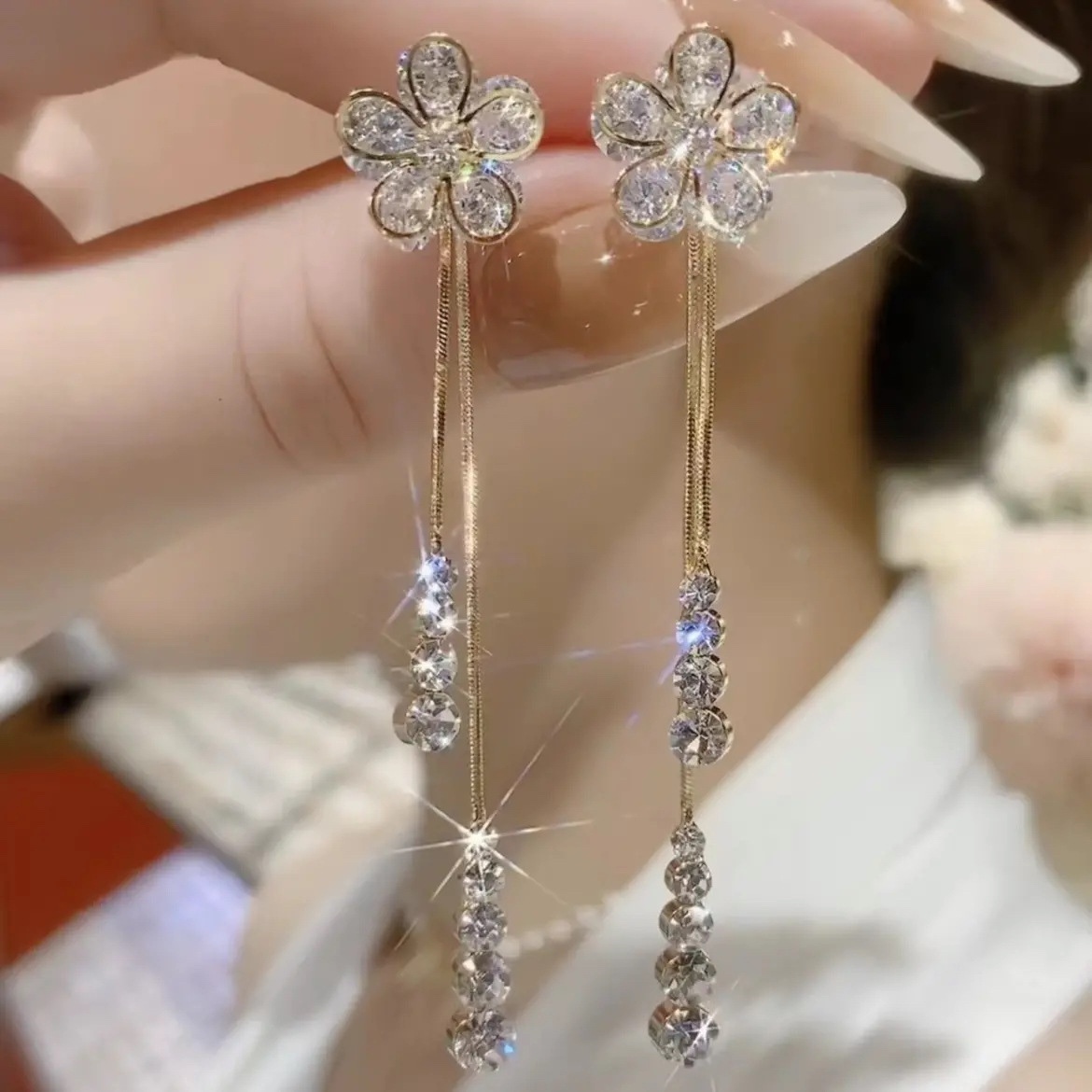 超仙鋯石花朵流蘇耳環