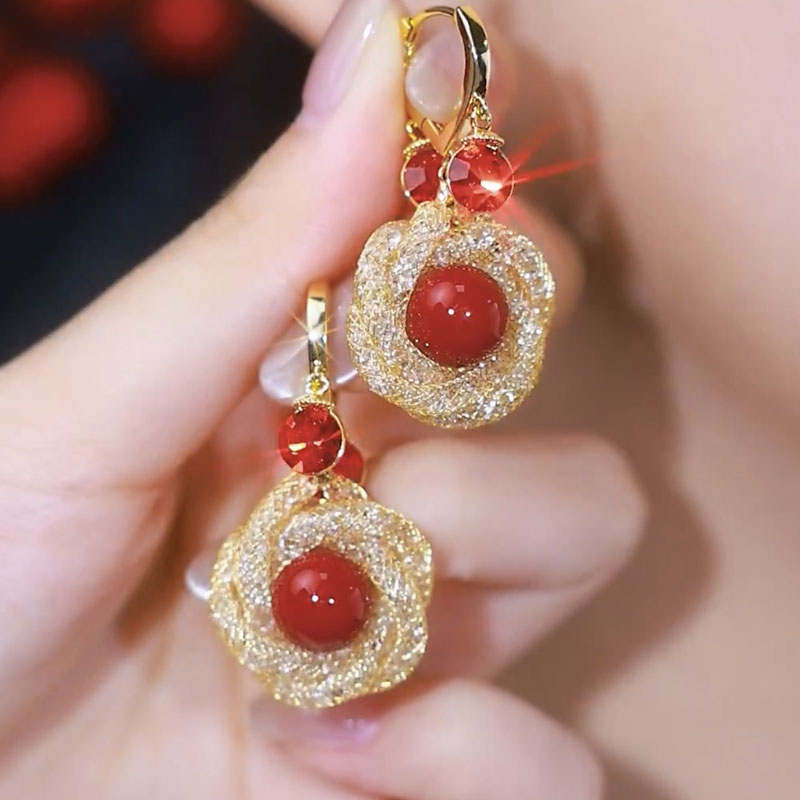 新款紅珍珠網紗花朵耳環