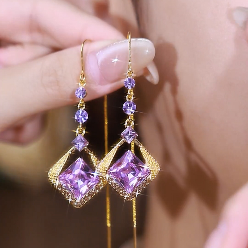 高級紫色鋯石菱形耳環