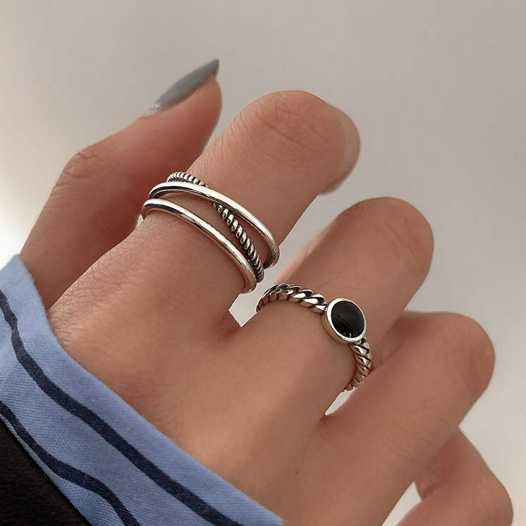 交叉S925純銀戒指 黑色開口戒指