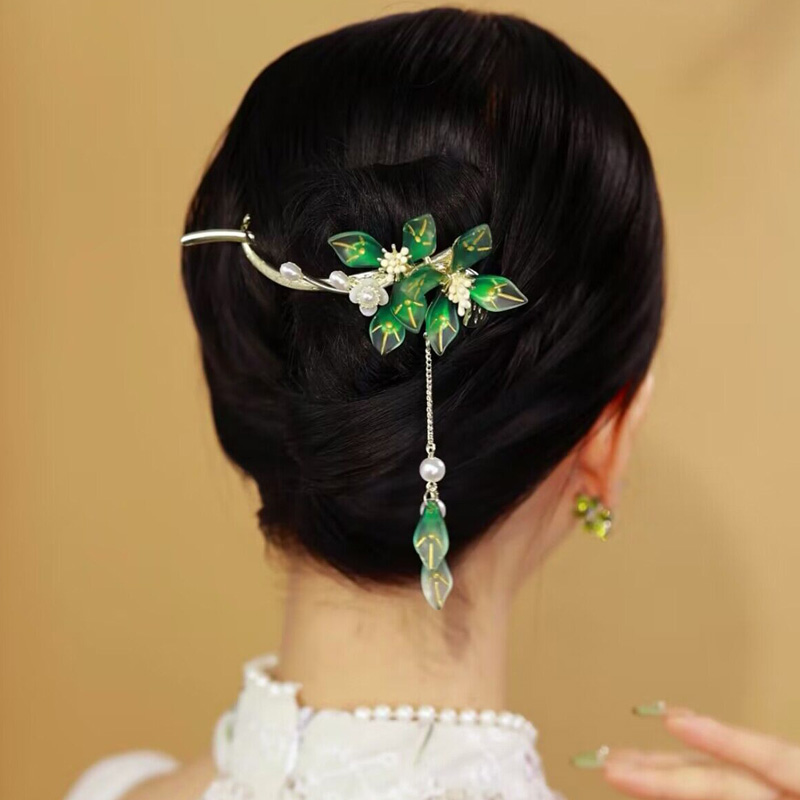 復古綠氣質花朵時尚一字夾髮夾
