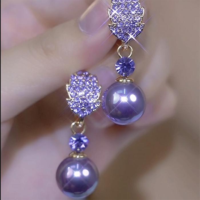 輕奢紫色滿鑽樹葉珍珠耳環
