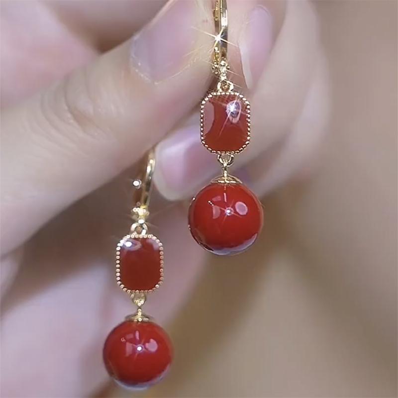 氣質大紅色珍珠耳環