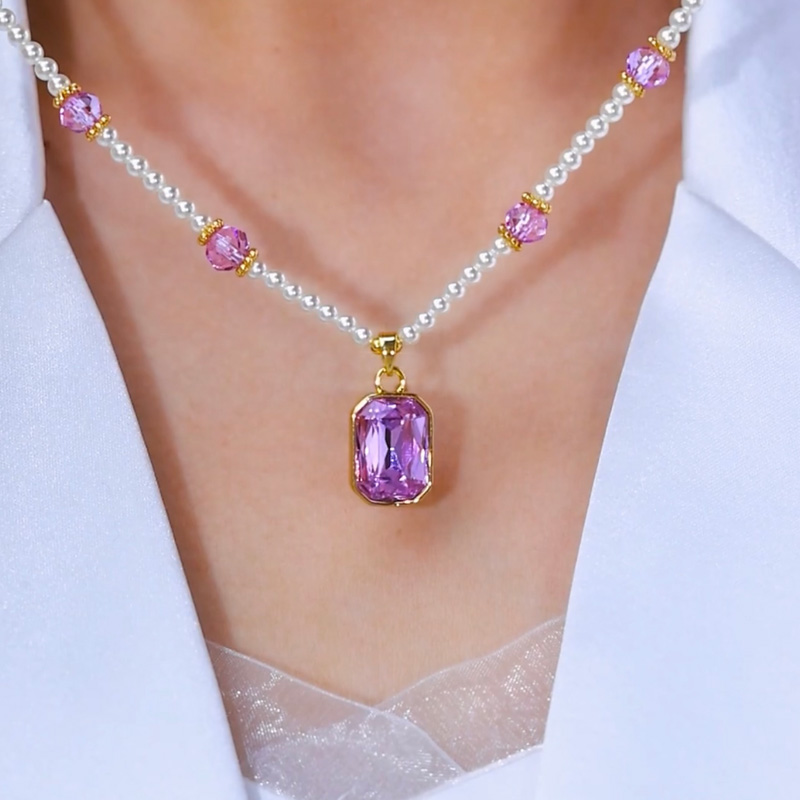 紫色方形水晶吊墜項鍊