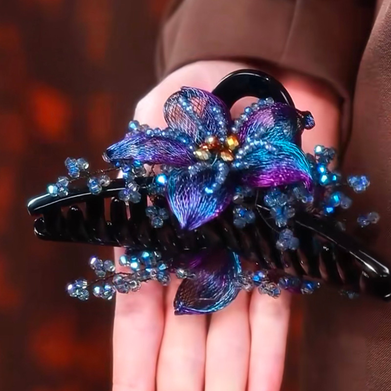 高端輕奢手工銅絲花朵水晶抓夾