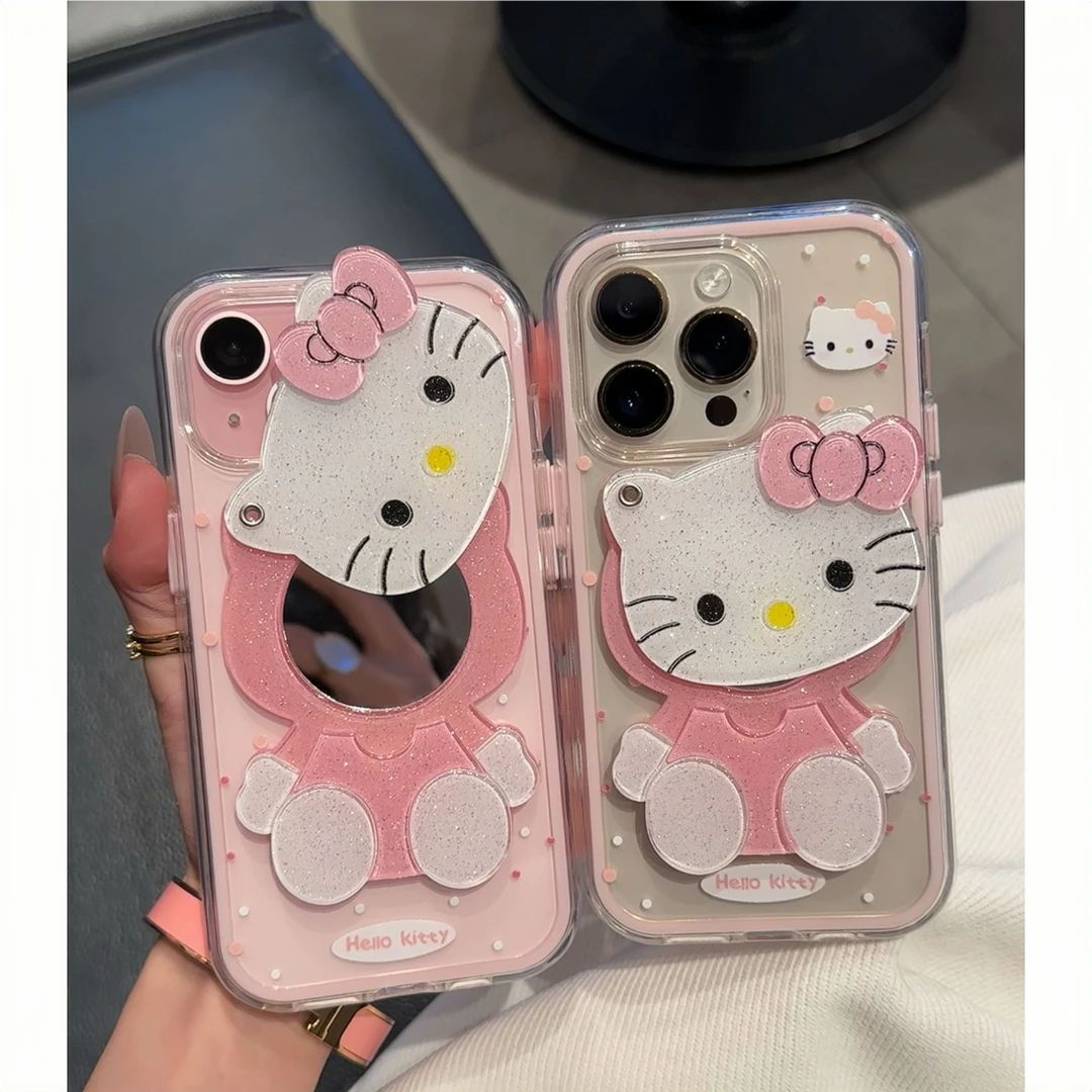 粉色kitty鏡子貼件 可愛凱蒂貓軟殼 iPhone保護殼