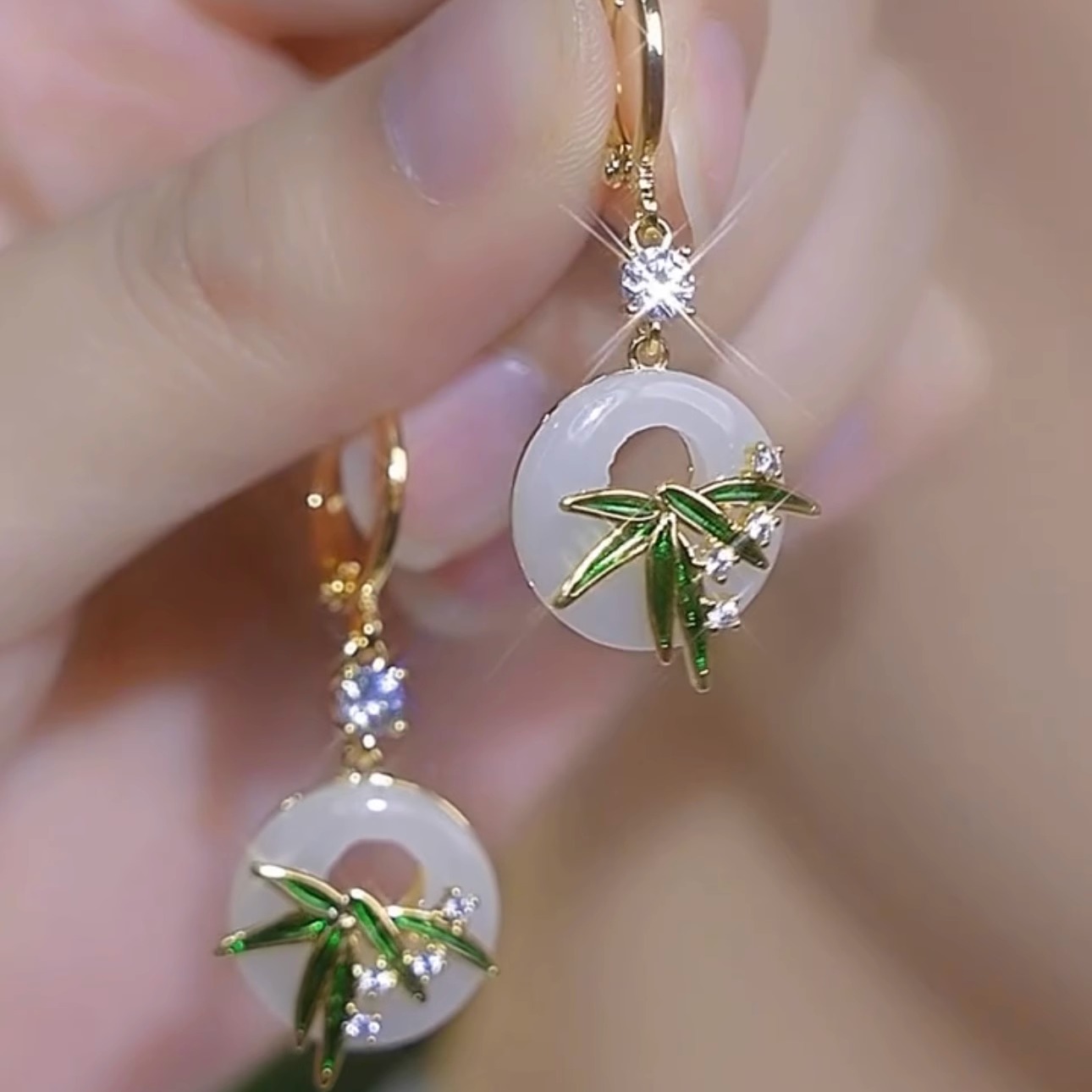 中式綠色翠竹 平安扣竹節耳環