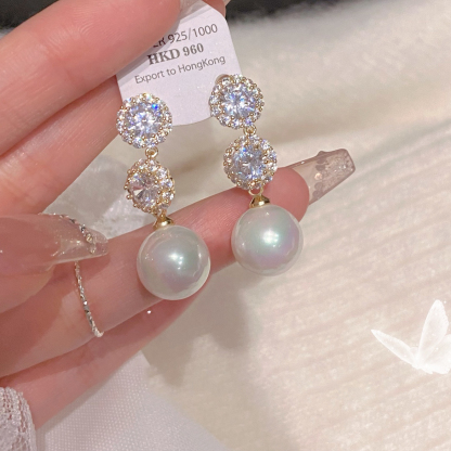 氣質珍珠閃鑽流蘇耳環   