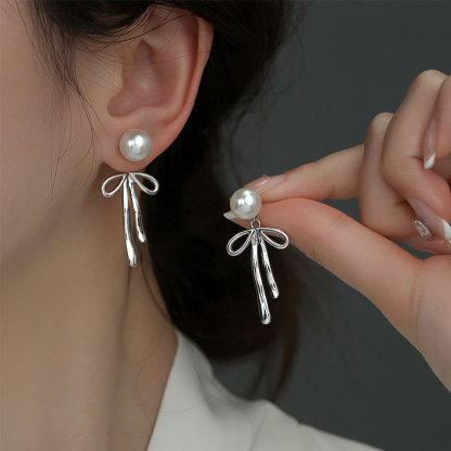 「銀鈴」灰珍珠少女心蝴蝶結耳環