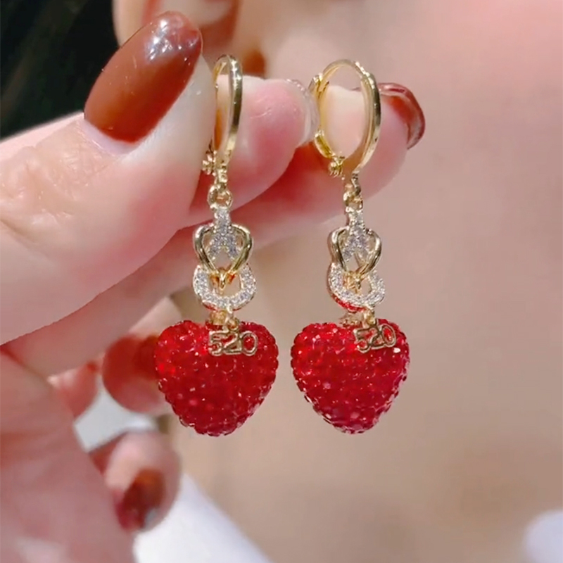 氣質紅色滿鑽愛心耳環