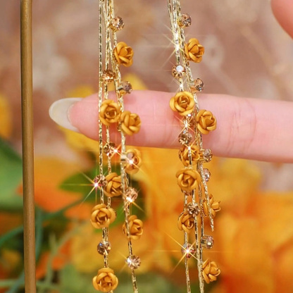 長款茶色玫瑰花流蘇耳環