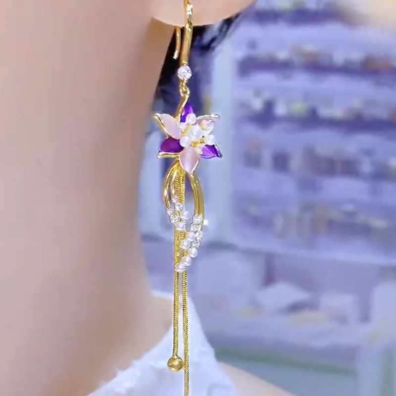 紫色炫彩花朵流蘇耳環