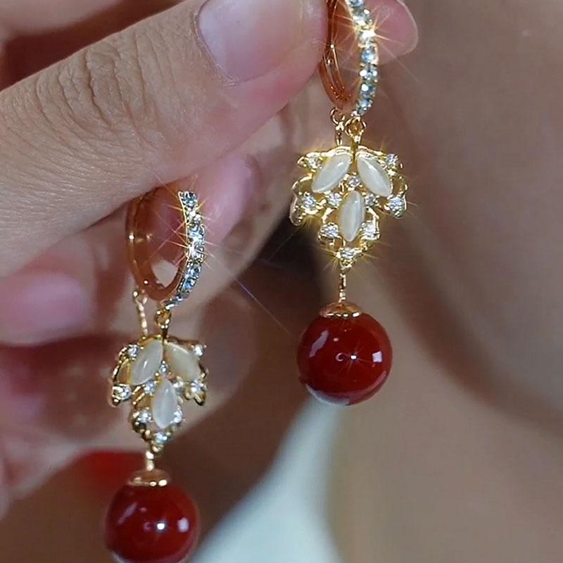安克拉紅色楓葉珍珠耳環
