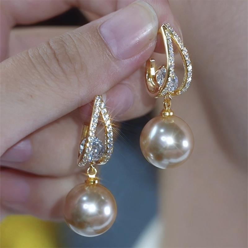 法式閃鑽香檳色珍珠耳環