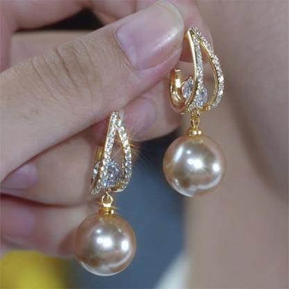法式閃鑽香檳色珍珠耳環