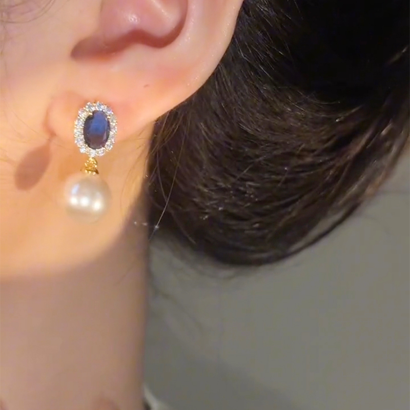 藍色水晶珍珠流蘇耳環