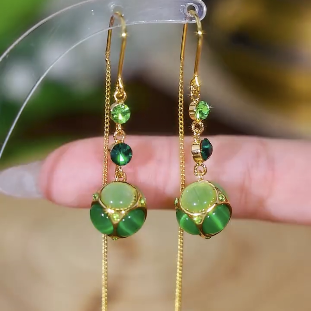 新款綠色貓眼石氣質耳環