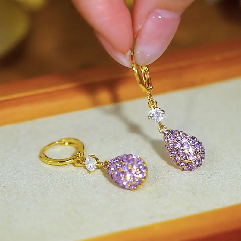 紫色閃鑽水滴耳環