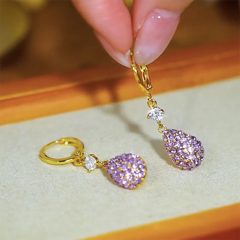 紫色閃鑽水滴耳環