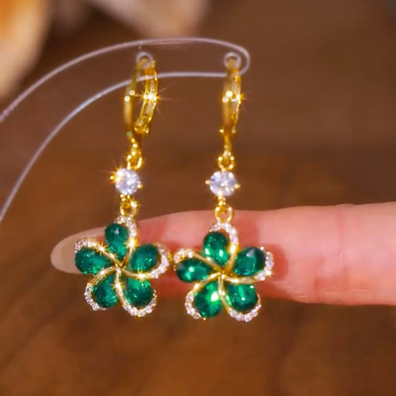 綠色花朵鋯石耳環-FANYIACC