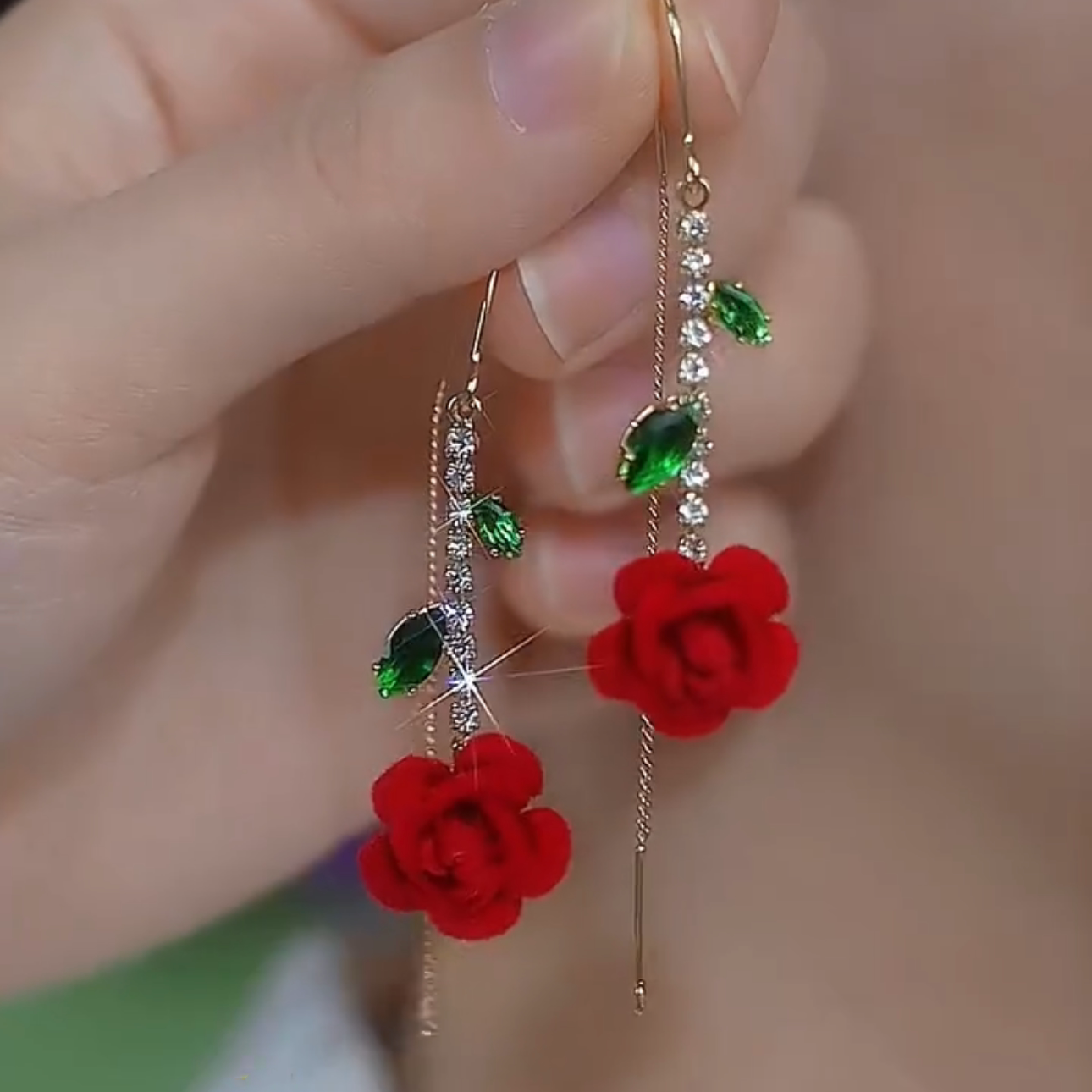 紅色植絨花朵長款精緻流蘇耳環