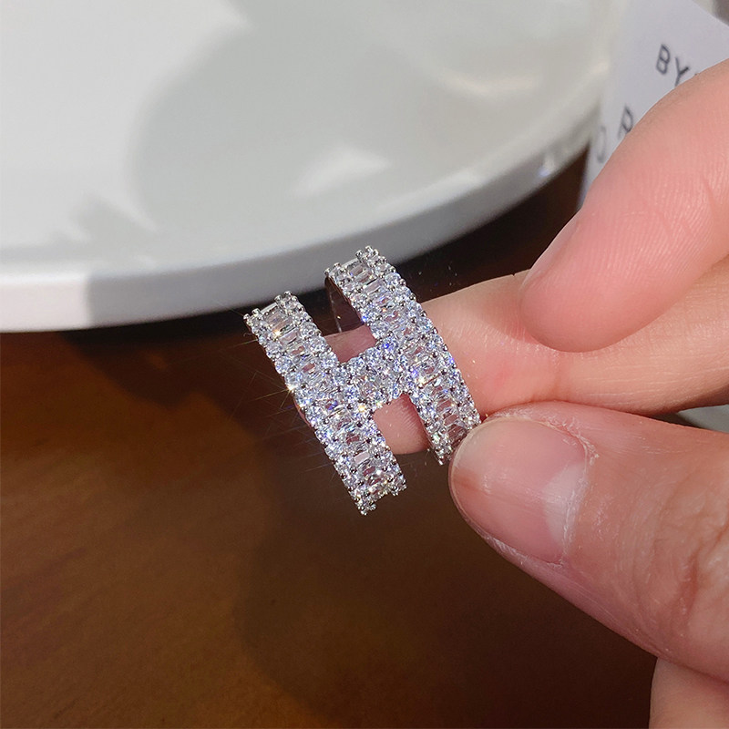 爆閃H字母排鑽銀色開口戒指