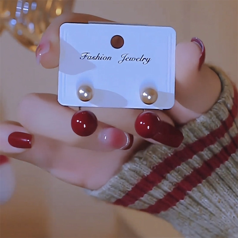 氣質紅色珍珠兩戴時尚耳環