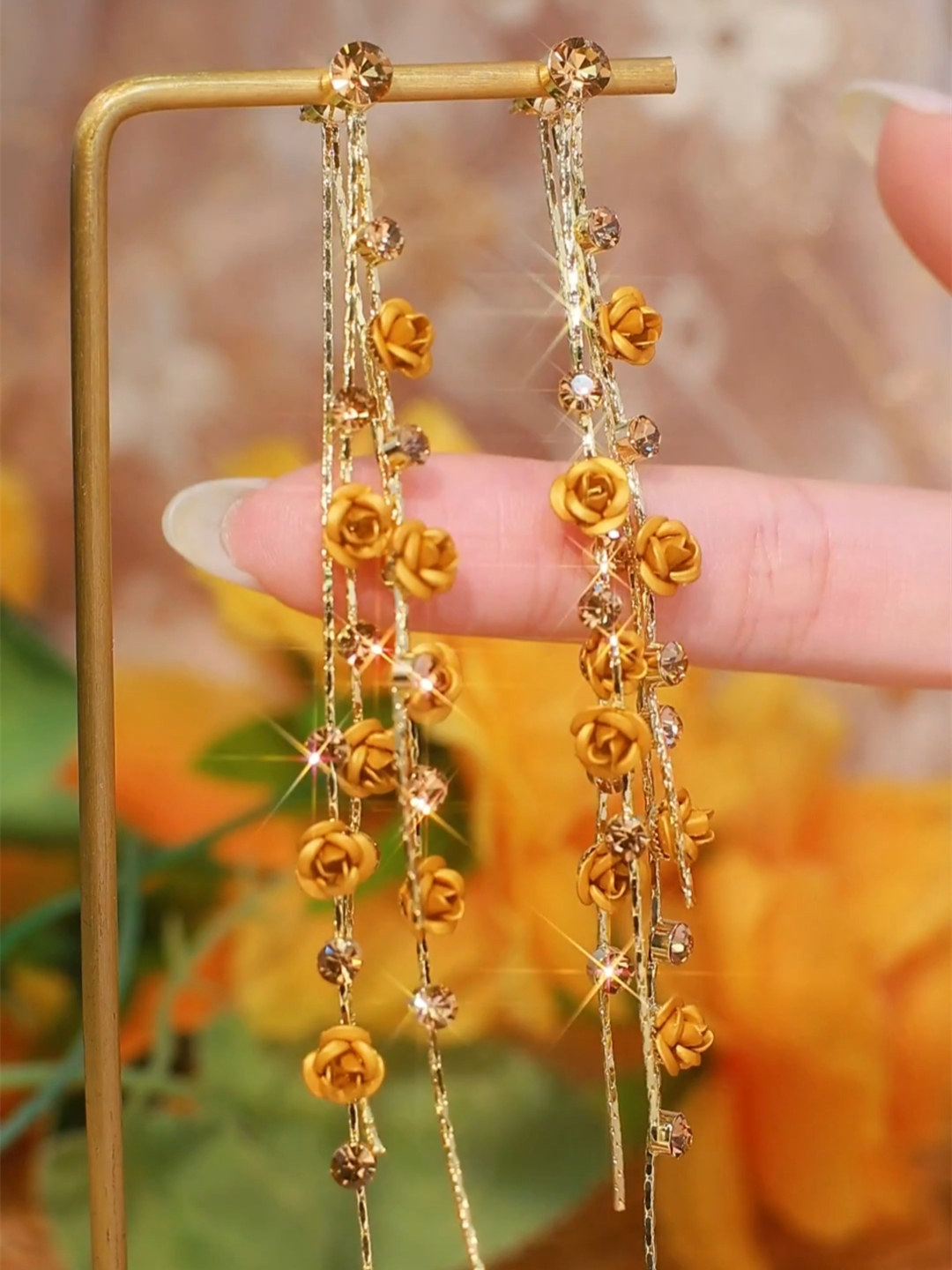 長款茶色玫瑰花流蘇耳環