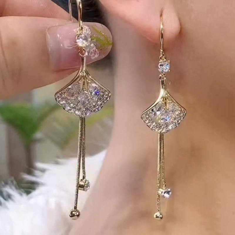 法式銀杏葉鋯石流蘇耳環