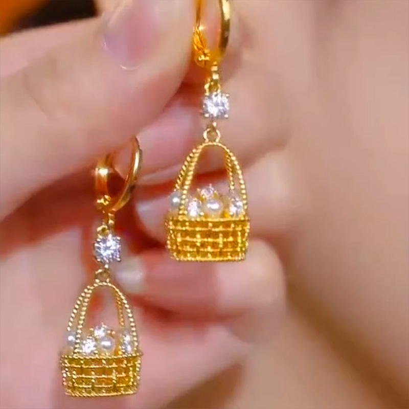 手工編織花籃珍珠耳環