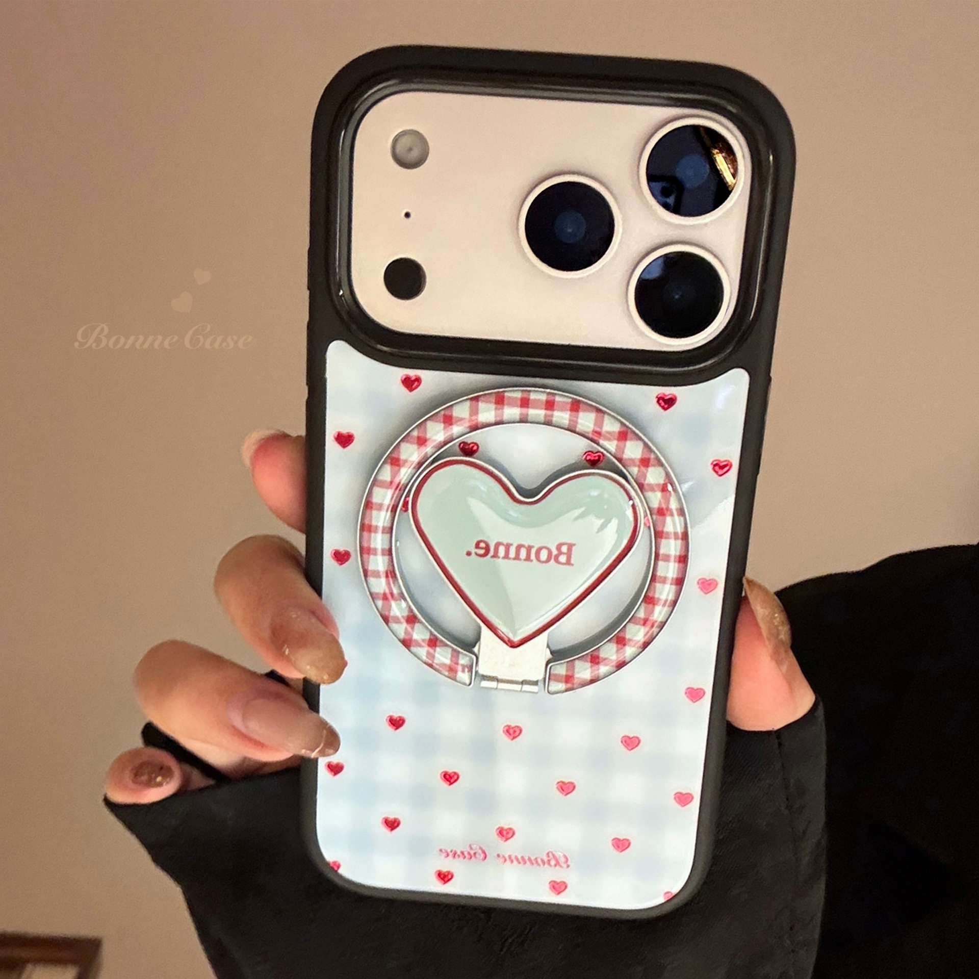 ins簡約藍色格紋愛心磁吸支架