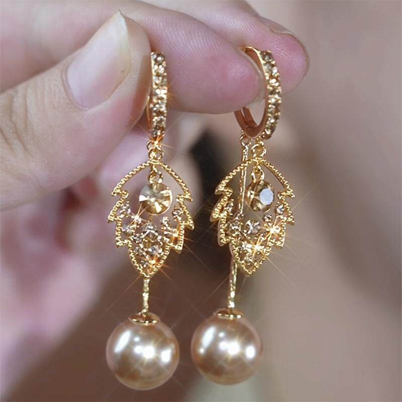 法式咖色滿鑽樹葉珍珠耳環