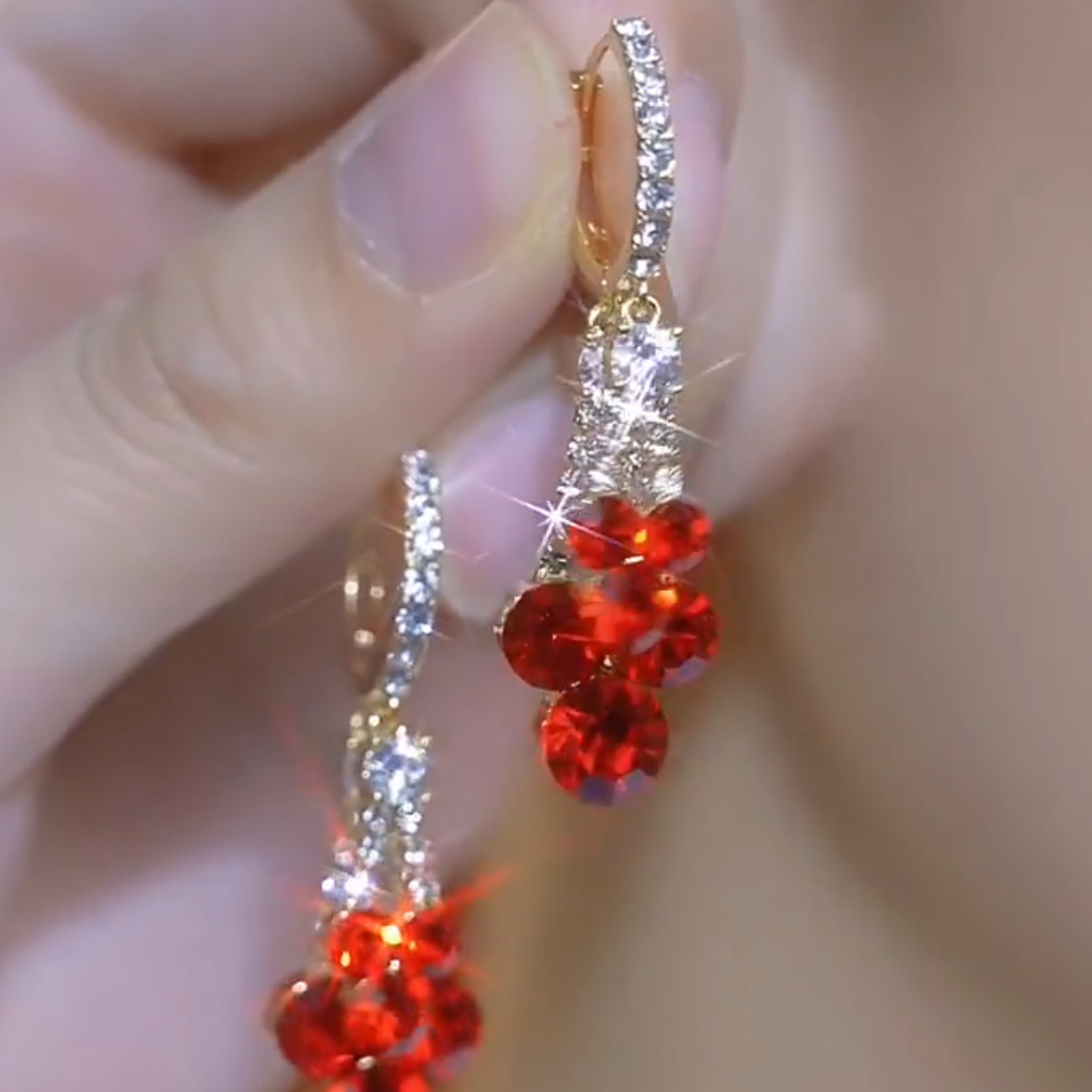 超閃紅水晶水滴耳環