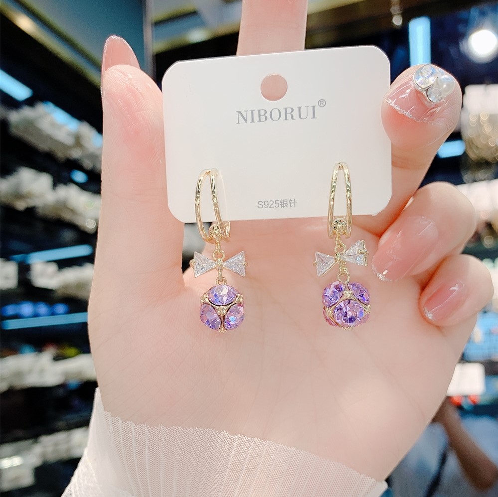 紫色蝴蝶結水晶耳環