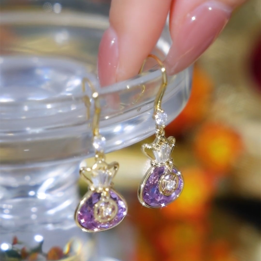 紫色招財錢袋耳環
