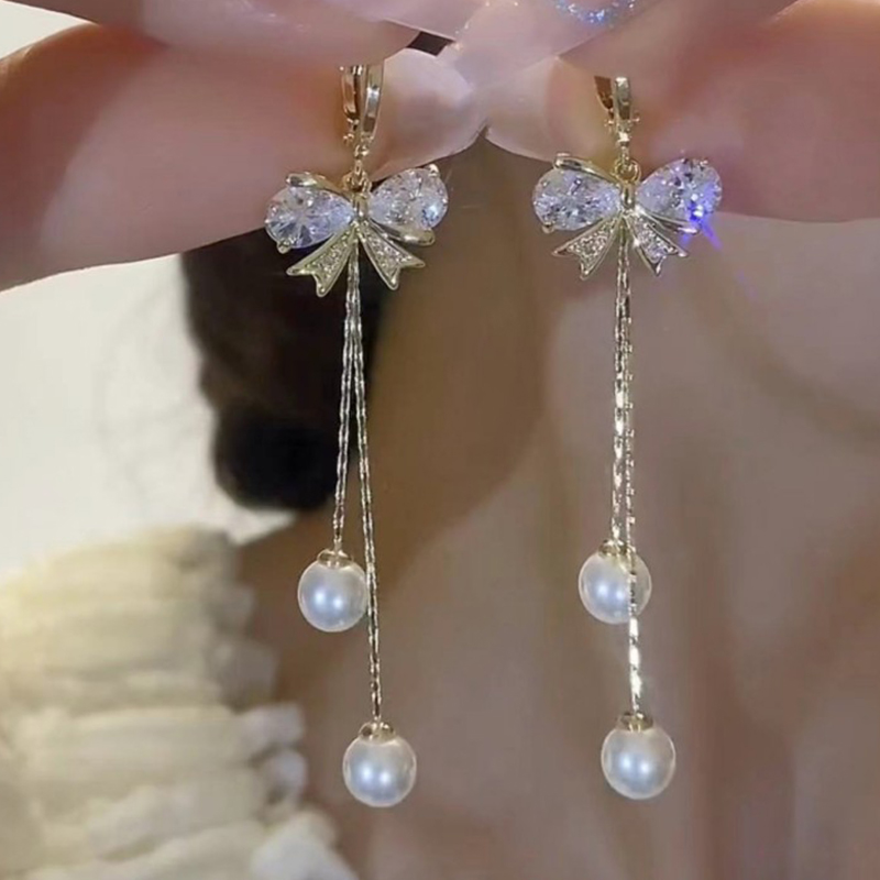 蝴蝶結珍珠流蘇耳環