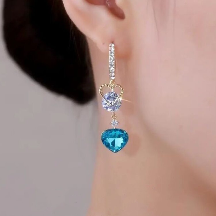 藍色水晶愛心流蘇耳環