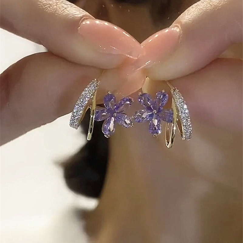 紫色鋯石花朵耳環  