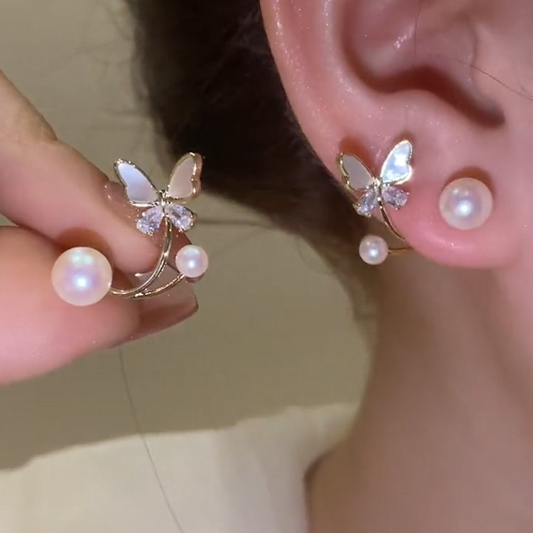 貝母珍珠蝴蝶耳環