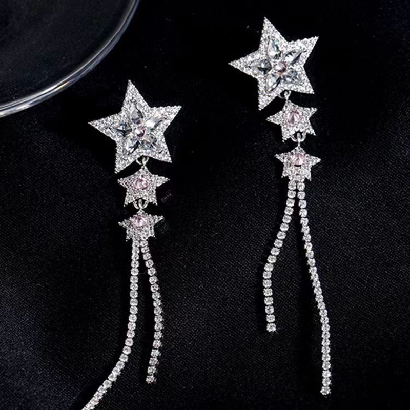 新款鑲鑽星星流蘇耳環