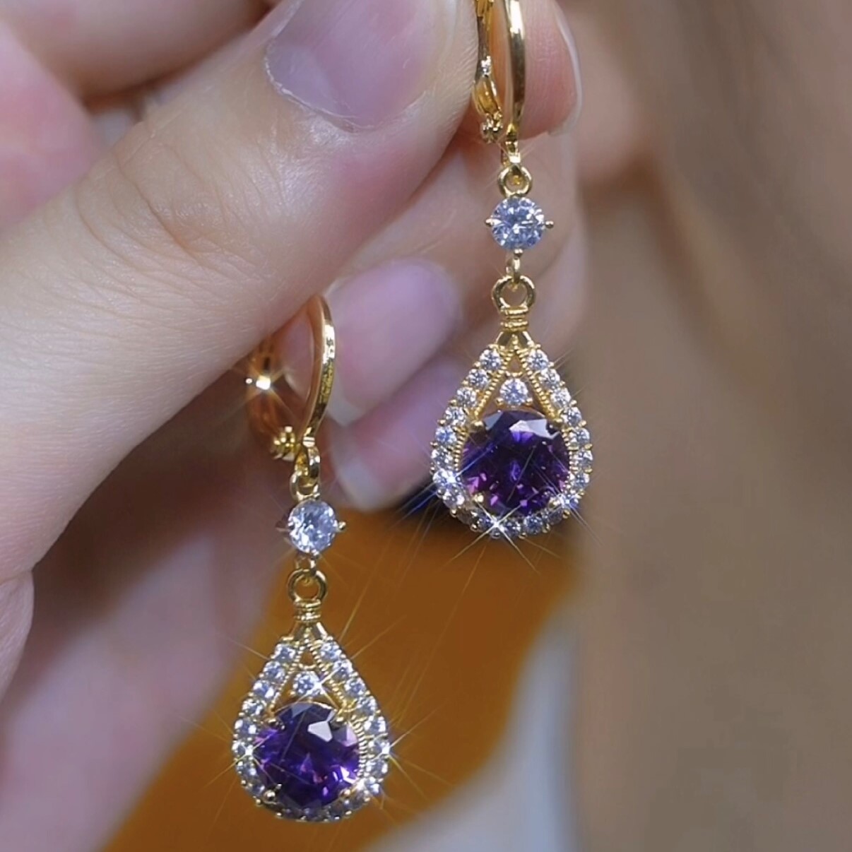 紫色水晶水滴耳環