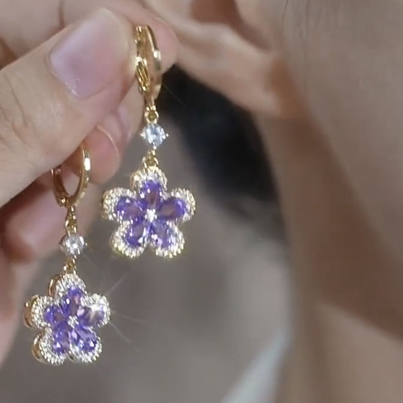 紫色花花水晶耳環