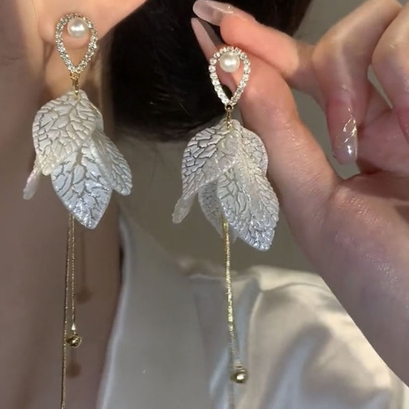 長款葉子珍珠流蘇耳環