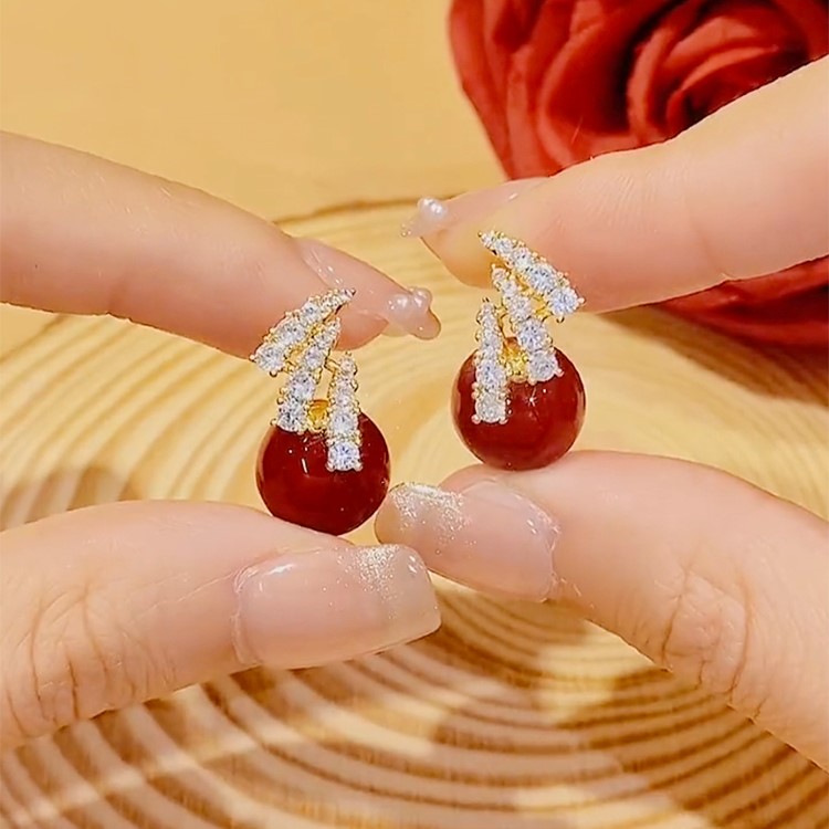 氣質簡約紅色珍珠耳環