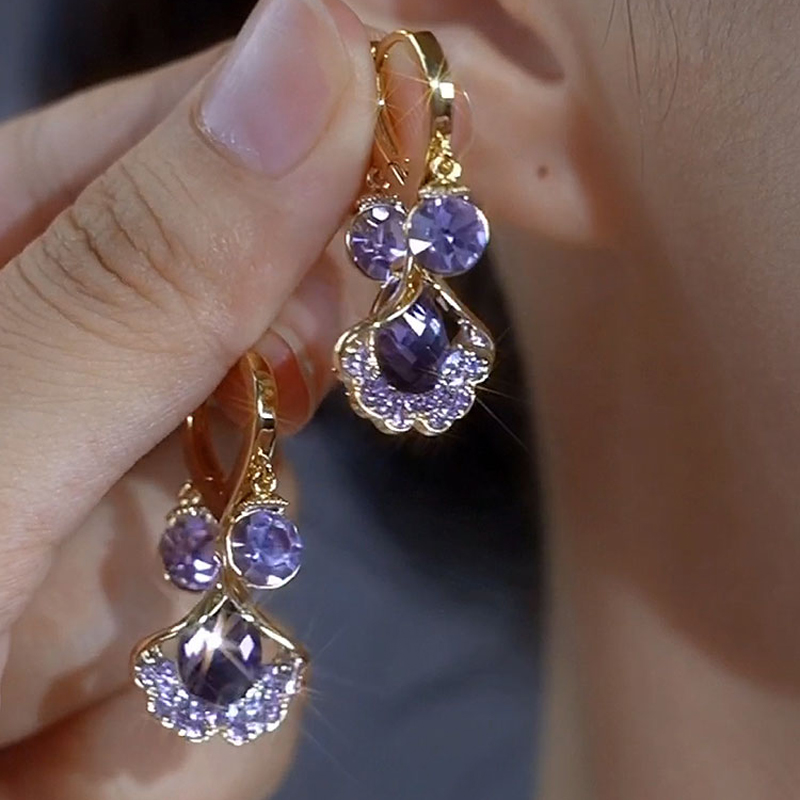 紫色銀杏葉貓眼石耳環