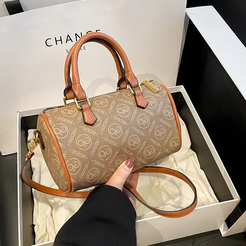 時尚印花手提枕頭包通勤休閒單肩水桶包