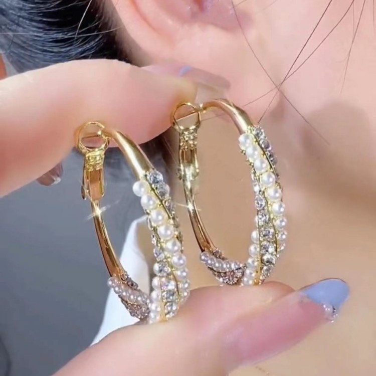 珍珠鋯石麻花圈圈耳環